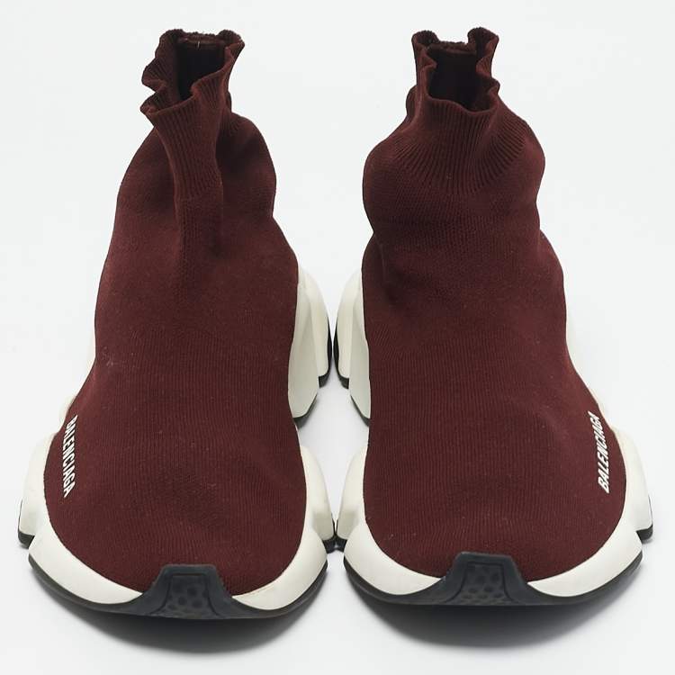 Pre Owned Balenciaga Burgundy Knit Fabric Speed Trainer Slip On Sneakers Size 39