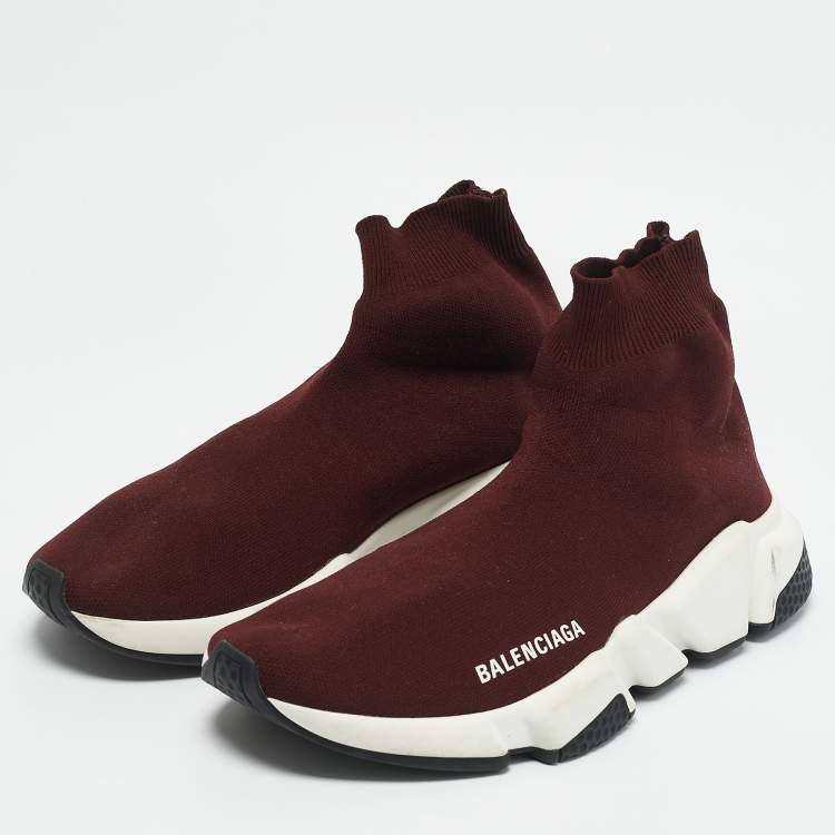 Pre Owned Balenciaga Burgundy Knit Fabric Speed Trainer Slip On Sneakers Size 39