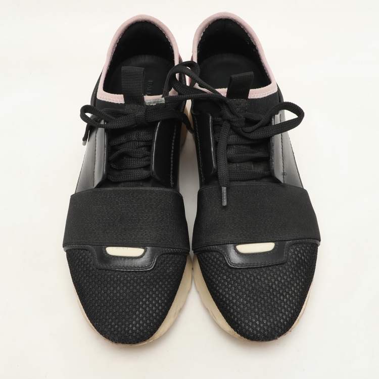 Pre Owned Balenciaga Black Leather and Mesh Race Runner Low Top Sneakers Size 36