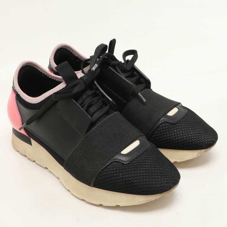 Pre Owned Balenciaga Black Leather and Mesh Race Runner Low Top Sneakers Size 36