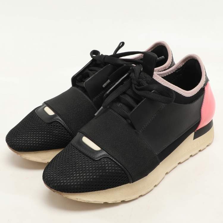 Pre Owned Balenciaga Black Leather and Mesh Race Runner Low Top Sneakers Size 36