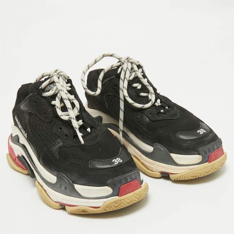 Pre Owned Balenciaga Black Faux Leather and Mesh Triple S Sneakers Size 38