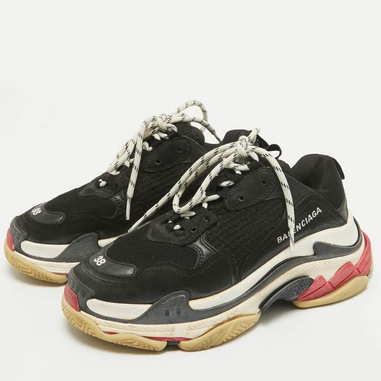 Pre Owned Balenciaga Black Faux Leather and Mesh Triple S Sneakers Size 38