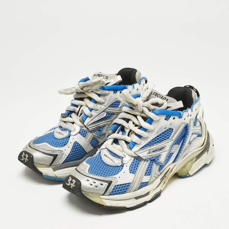 Pre Owned Balenciaga Blue/White Faux Leather and Mesh Track Low Top Sneakers Size 37
