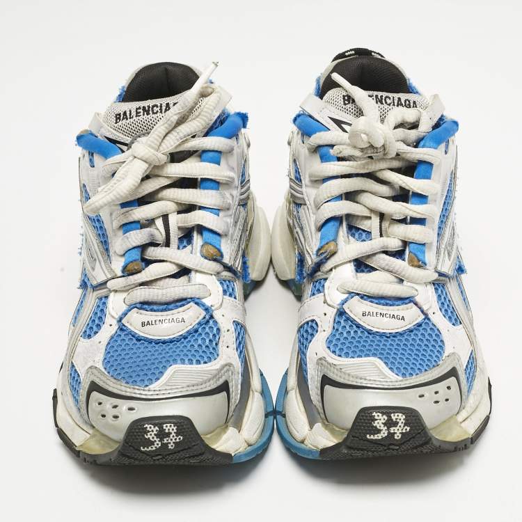 Pre Owned Balenciaga Blue/White Faux Leather and Mesh Track Low Top Sneakers Size 37