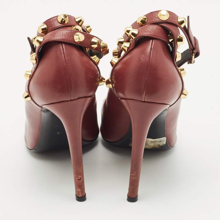 Pre Owned Balenciaga Burgundy Leather Studded Pointed Toe Ankle Wrap Pumps Size 40