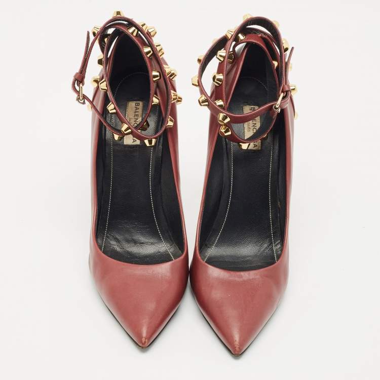 Pre Owned Balenciaga Burgundy Leather Studded Pointed Toe Ankle Wrap Pumps Size 40