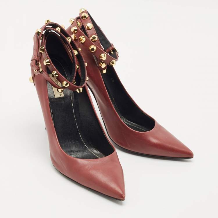 Pre Owned Balenciaga Burgundy Leather Studded Pointed Toe Ankle Wrap Pumps Size 40