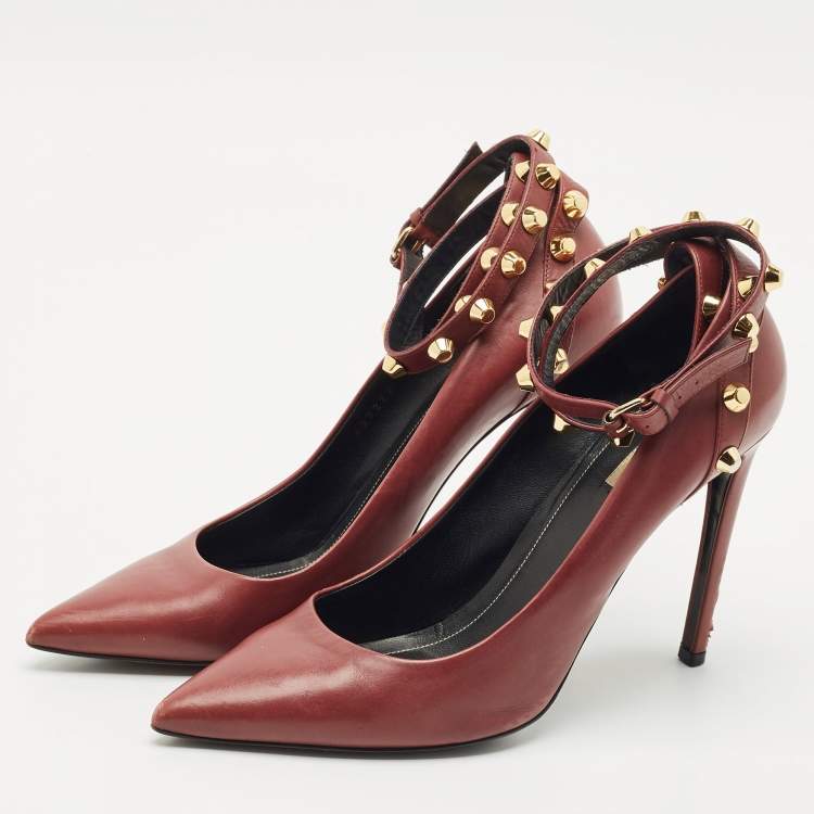 Pre Owned Balenciaga Burgundy Leather Studded Pointed Toe Ankle Wrap Pumps Size 40