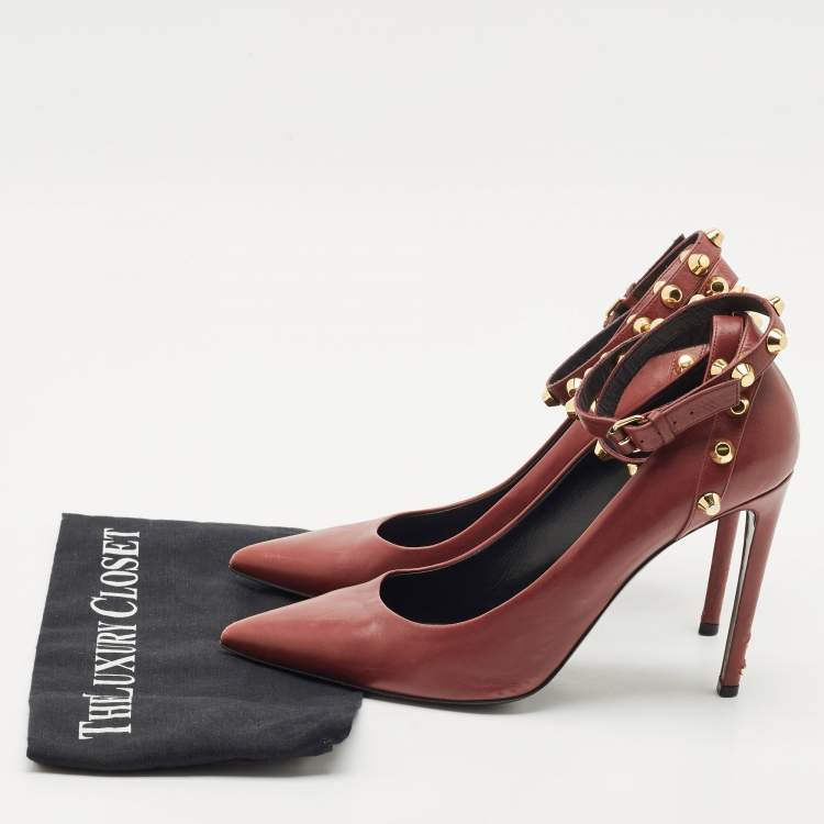 Pre Owned Balenciaga Burgundy Leather Studded Pointed Toe Ankle Wrap Pumps Size 40