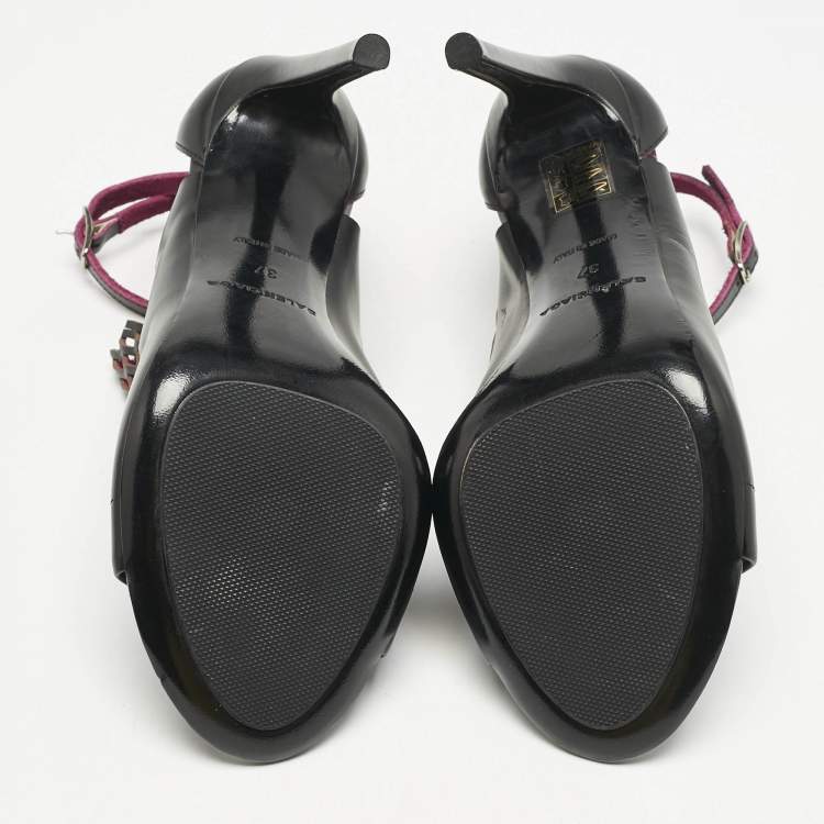 Pre Owned Balenciaga Black/Pink Lasercuts Leather Glove  Sandals Size 37