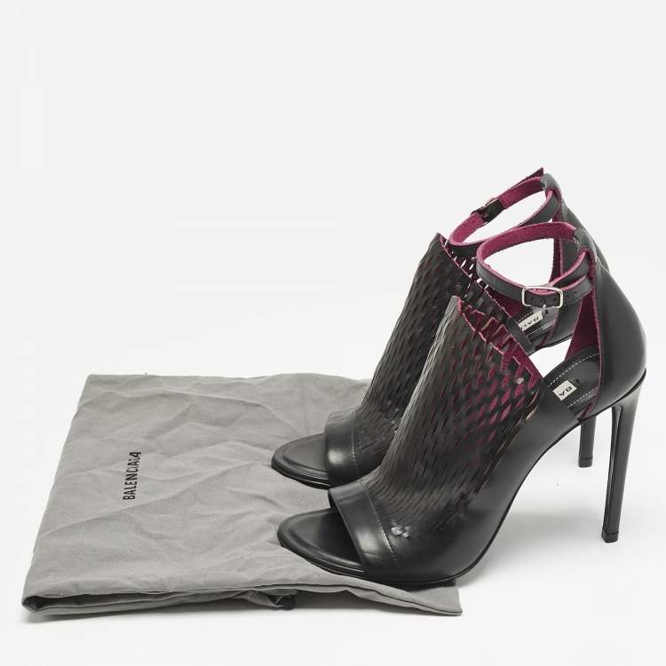 Pre Owned Balenciaga Black/Pink Lasercuts Leather Glove  Sandals Size 37