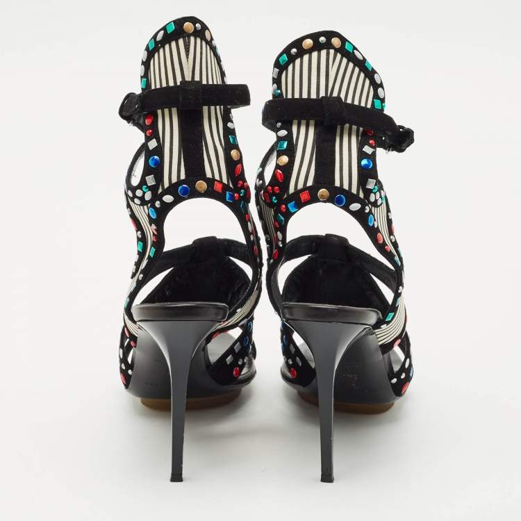 Pre Owned Balenciaga Multicolor Suede and Leather Cutout Ankle Wrap Sandals Size 40