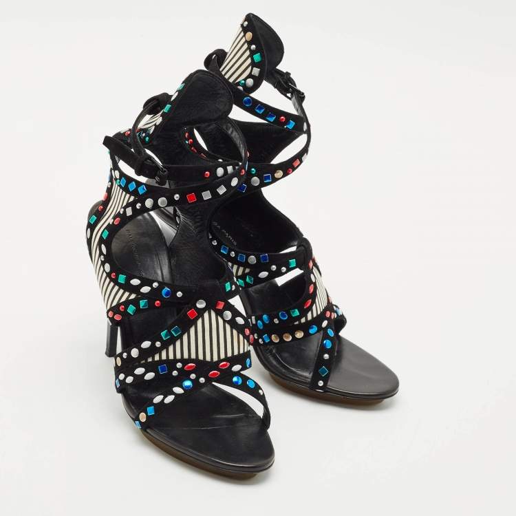 Pre Owned Balenciaga Multicolor Suede and Leather Cutout Ankle Wrap Sandals Size 40