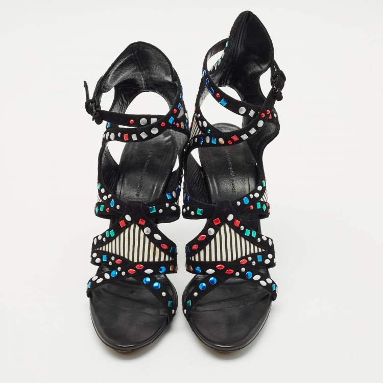Pre Owned Balenciaga Multicolor Suede and Leather Cutout Ankle Wrap Sandals Size 40