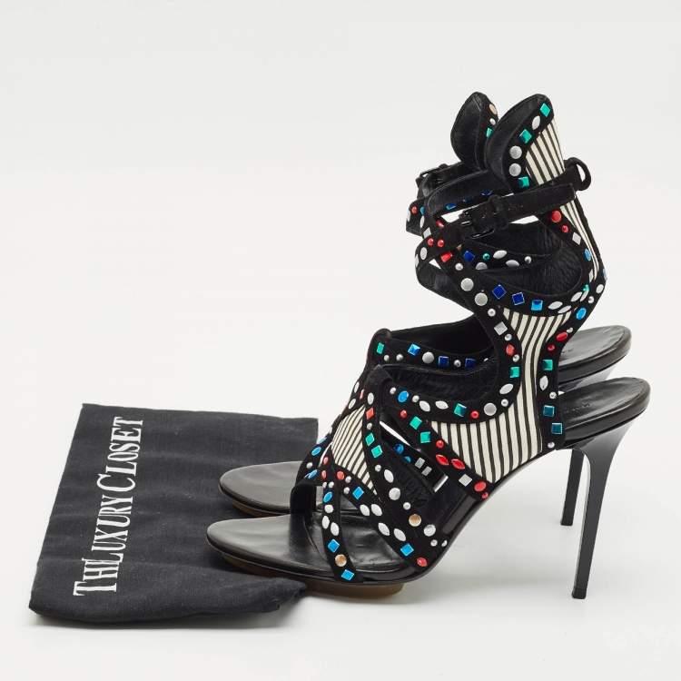 Pre Owned Balenciaga Multicolor Suede and Leather Cutout Ankle Wrap Sandals Size 40