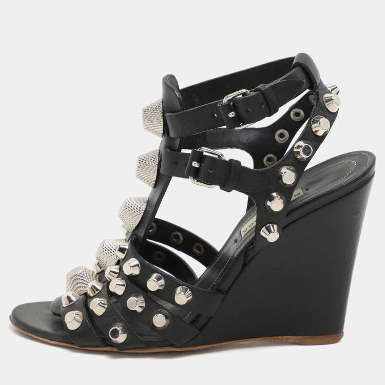 Pre Owned Balenciaga Black Leather Arena Wedge Sandals Size 35