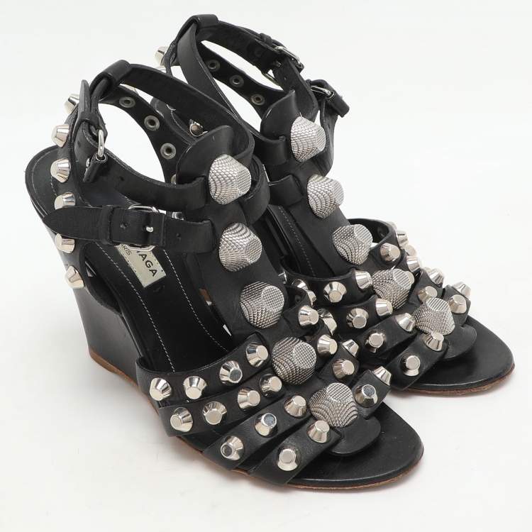 Pre Owned Balenciaga Black Leather Arena Wedge Sandals Size 35