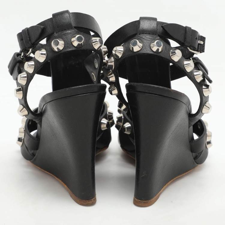 Pre Owned Balenciaga Black Leather Arena Wedge Sandals Size 35