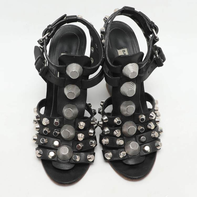 Pre Owned Balenciaga Black Leather Arena Wedge Sandals Size 35