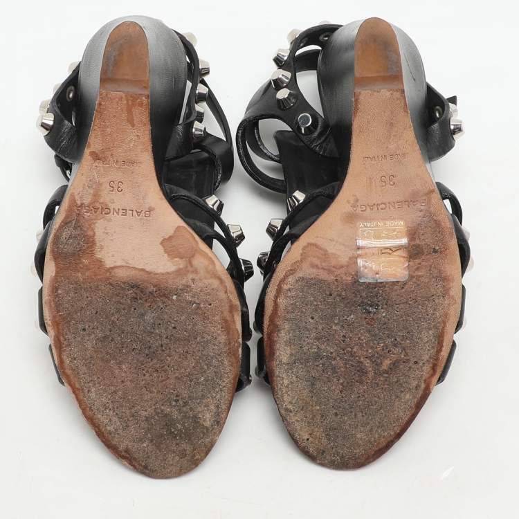 Pre Owned Balenciaga Black Leather Arena Wedge Sandals Size 35