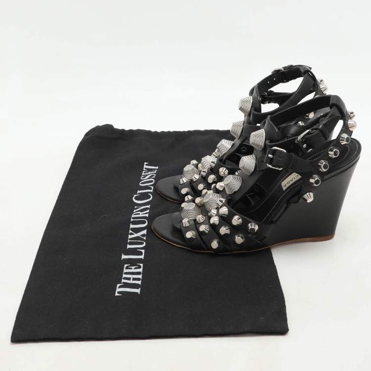 Pre Owned Balenciaga Black Leather Arena Wedge Sandals Size 35