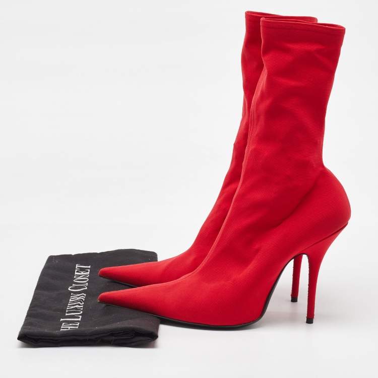 Pre Owned Balenciaga Red Stretch Fabric Knife Pointed Toe Sock Mid Calf Boots Size 39