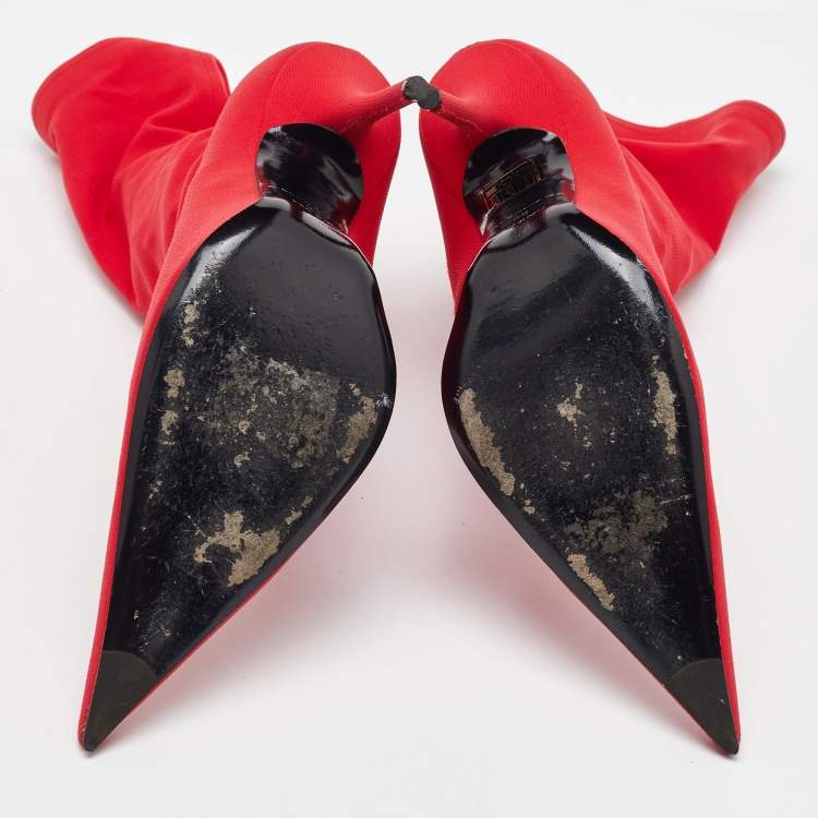 Pre Owned Balenciaga Red Stretch Fabric Knife Pointed Toe Sock Mid Calf Boots Size 39