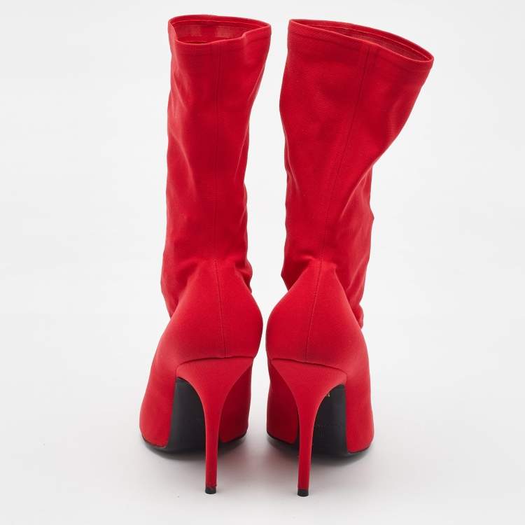 Pre Owned Balenciaga Red Stretch Fabric Knife Pointed Toe Sock Mid Calf Boots Size 39