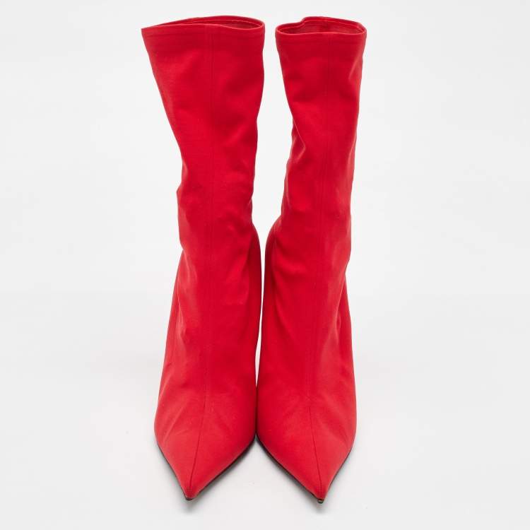 Pre Owned Balenciaga Red Stretch Fabric Knife Pointed Toe Sock Mid Calf Boots Size 39