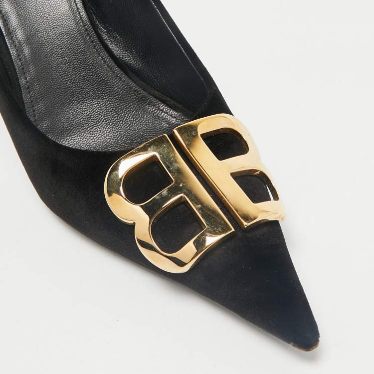 Pre Owned Balenciaga Black Velvet BB Pointed Toe Pumps Size 38