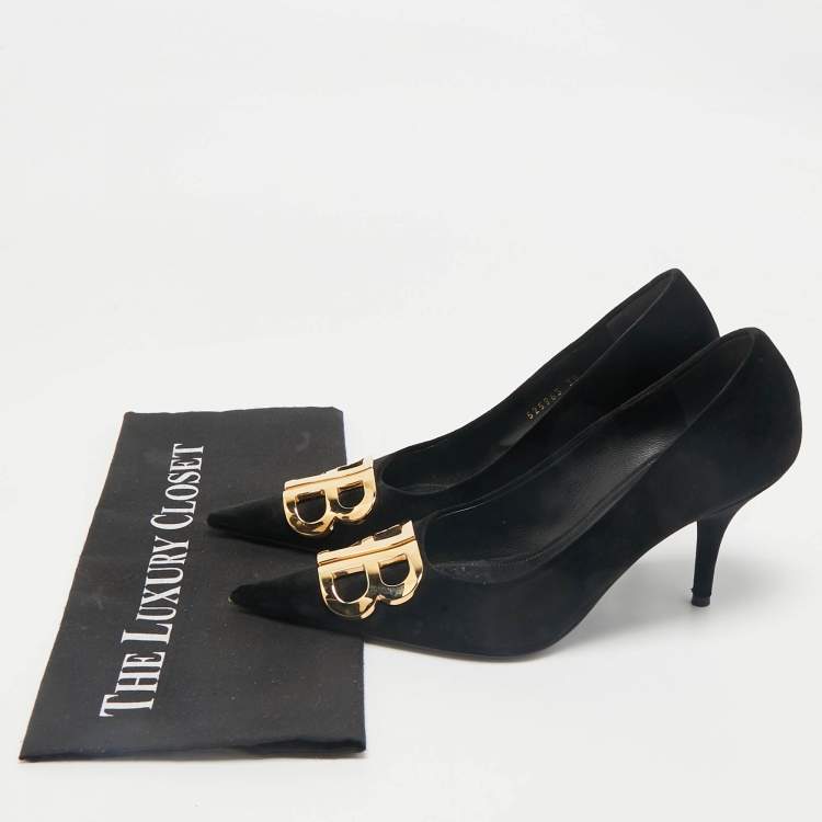 Pre Owned Balenciaga Black Velvet BB Pointed Toe Pumps Size 38