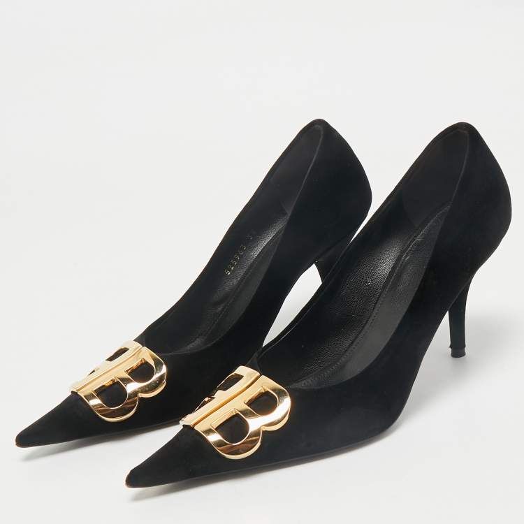 Pre Owned Balenciaga Black Velvet BB Pointed Toe Pumps Size 38