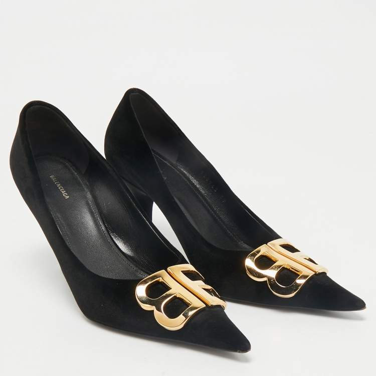 Pre Owned Balenciaga Black Velvet BB Pointed Toe Pumps Size 38