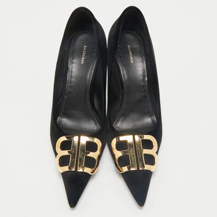 Pre Owned Balenciaga Black Velvet BB Pointed Toe Pumps Size 38