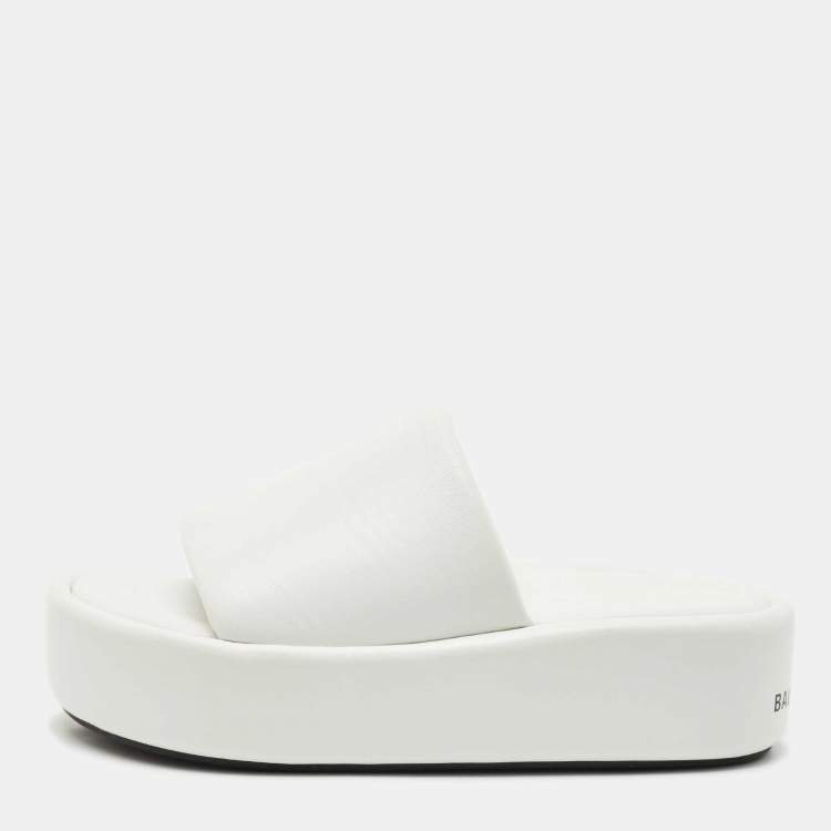 Pre Owned Balenciaga White Leather Rise Platform Slide Sandals Size 38