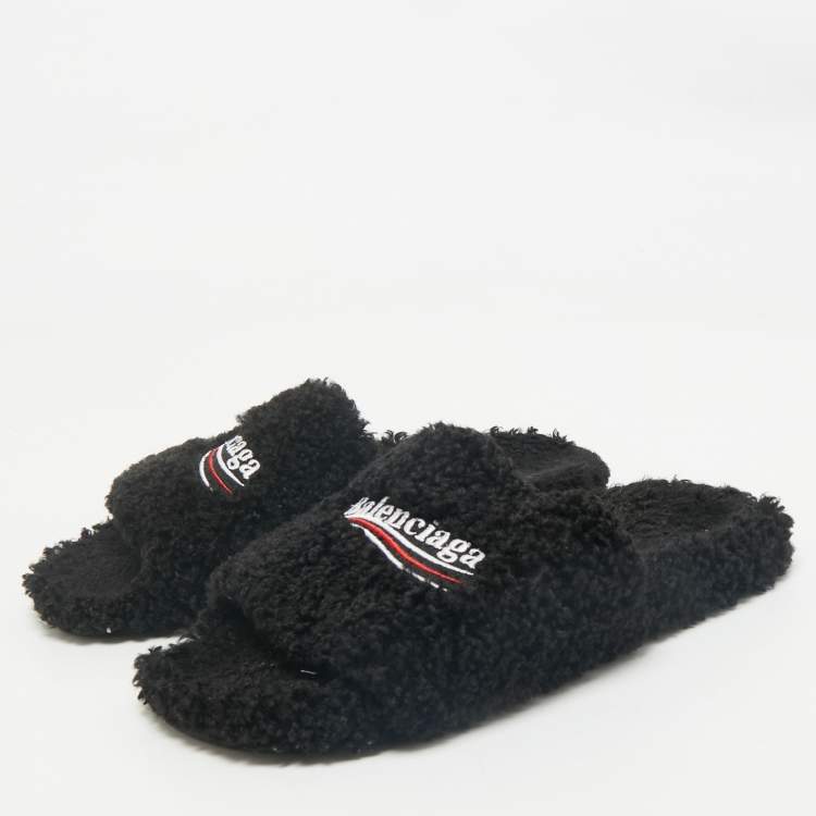 Pre Owned Balenciaga Black Faux Shearling Fur Furry Slide Sandals Size 42
