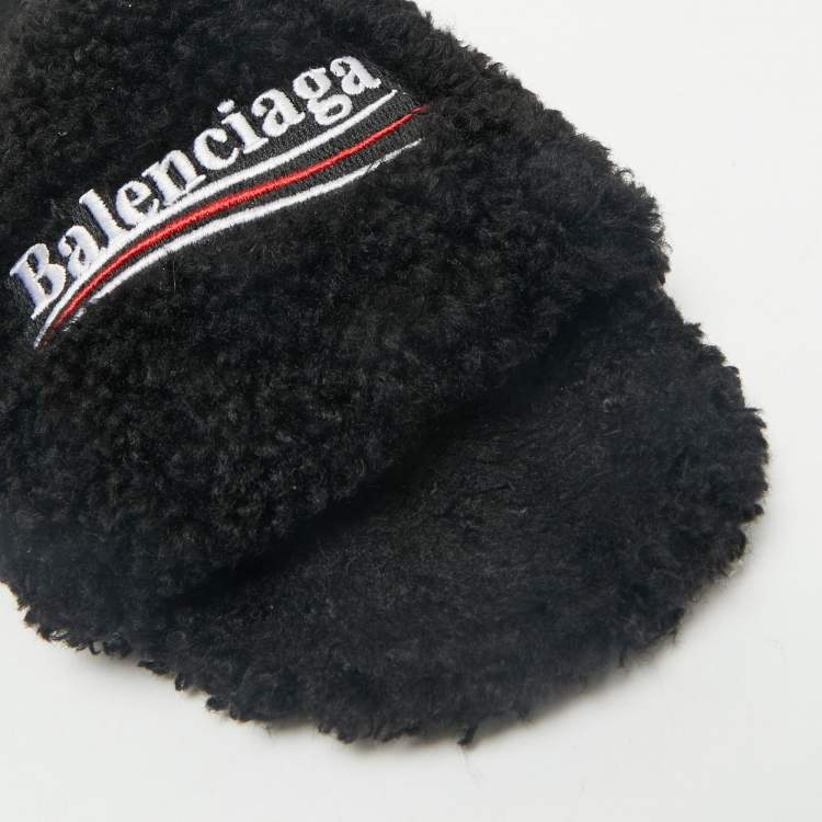 Pre Owned Balenciaga Black Faux Shearling Fur Furry Slide Sandals Size 42