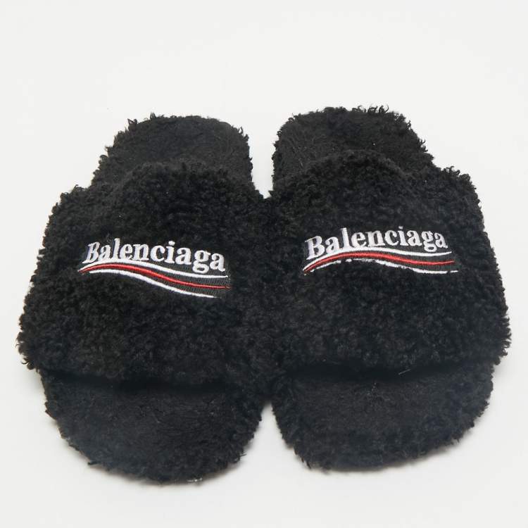 Pre Owned Balenciaga Black Faux Shearling Fur Furry Slide Sandals Size 42