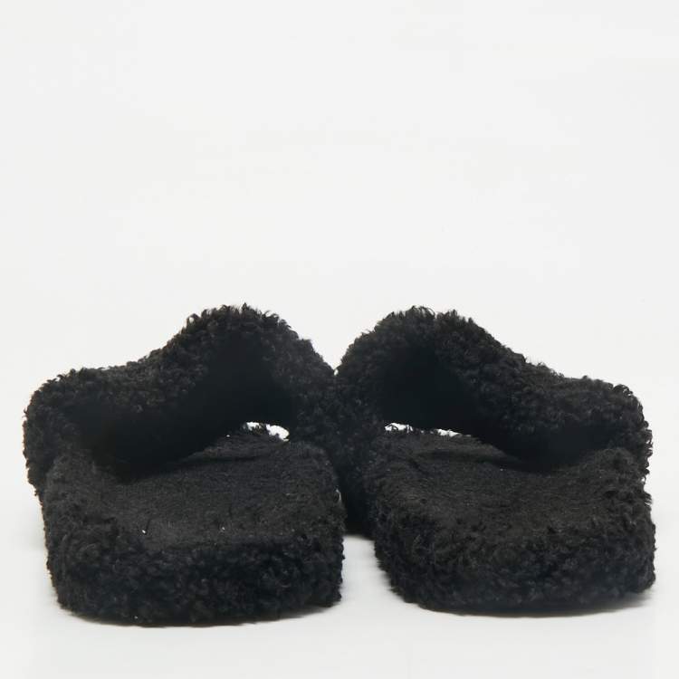 Pre Owned Balenciaga Black Faux Shearling Fur Furry Slide Sandals Size 42