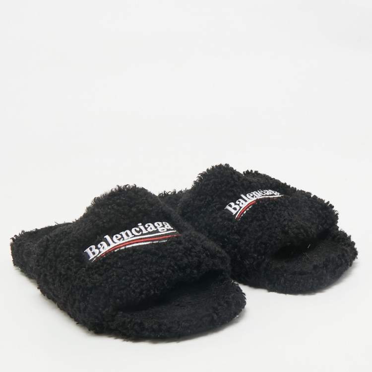 Pre Owned Balenciaga Black Faux Shearling Fur Furry Slide Sandals Size 42
