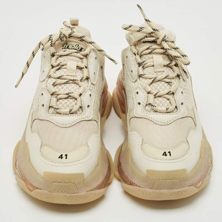 Pre Owned Balenciaga Beige Leather and Mesh Triple S Clear Sole Sneakers Size 41