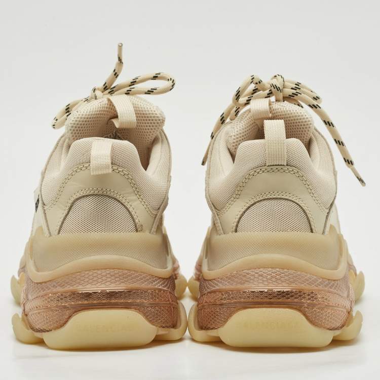 Pre Owned Balenciaga Beige Leather and Mesh Triple S Clear Sole Sneakers Size 41