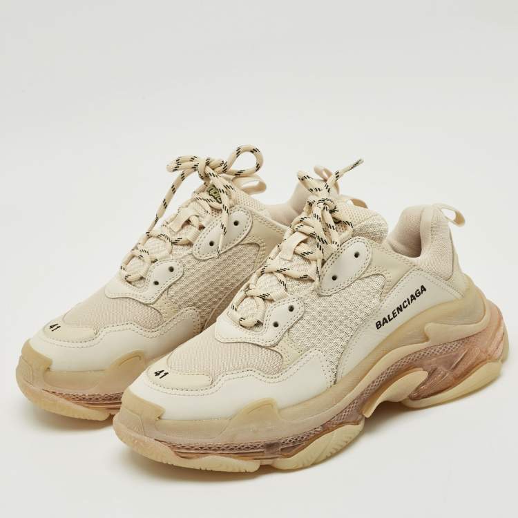 Pre Owned Balenciaga Beige Leather and Mesh Triple S Clear Sole Sneakers Size 41