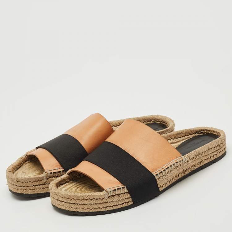 Pre Owned Balenciaga Peach/Black Leather and Elastic Espadrille Flats Size 41