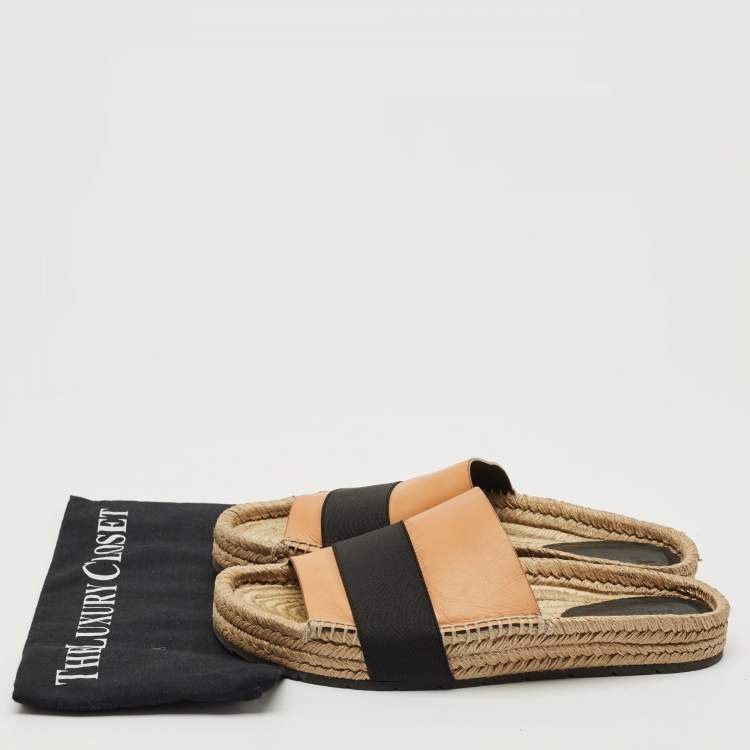Pre Owned Balenciaga Peach/Black Leather and Elastic Espadrille Flats Size 41