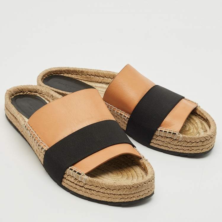 Pre Owned Balenciaga Peach/Black Leather and Elastic Espadrille Flats Size 41