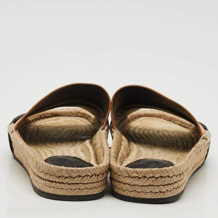 Pre Owned Balenciaga Peach/Black Leather and Elastic Espadrille Flats Size 41