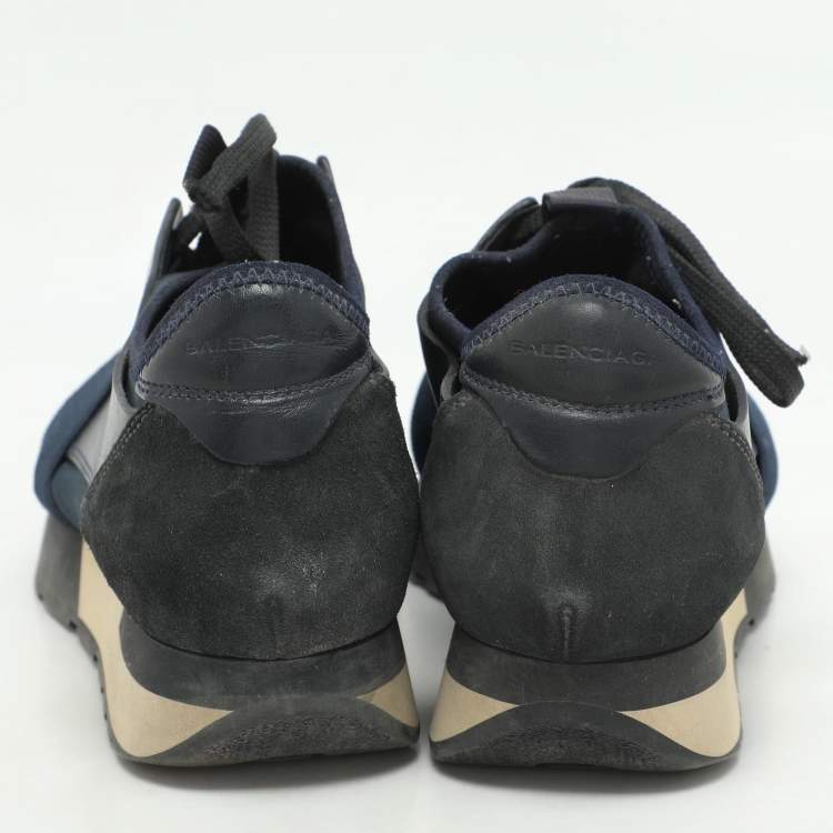 Pre Owned Balenciaga Navy Blue Leather and Mesh Race Runner Low Top Sneakers Size 35
