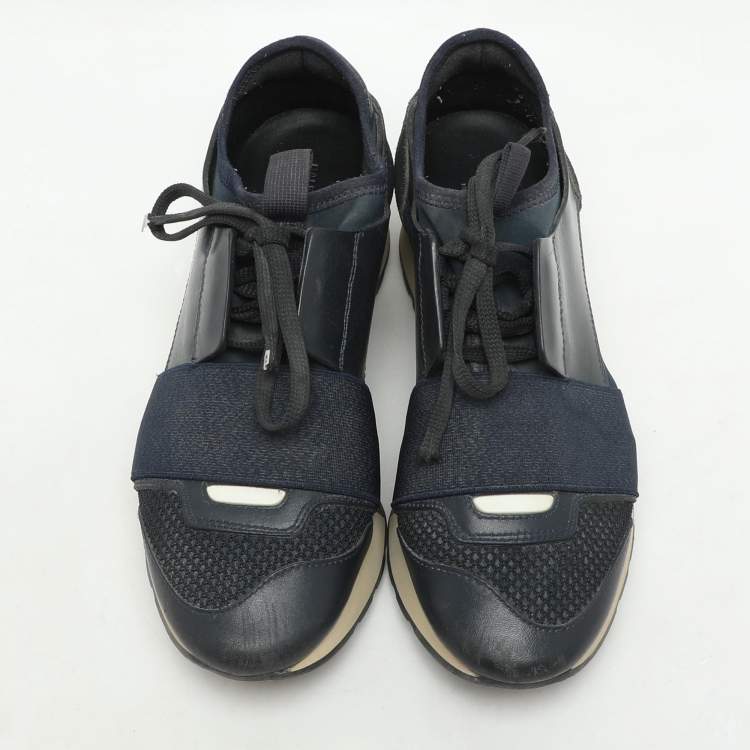 Pre Owned Balenciaga Navy Blue Leather and Mesh Race Runner Low Top Sneakers Size 35